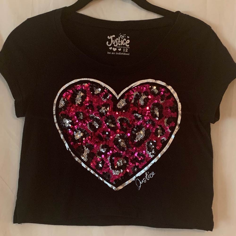 JUSTICE Pink and Black Sequin Heart T-Shirt